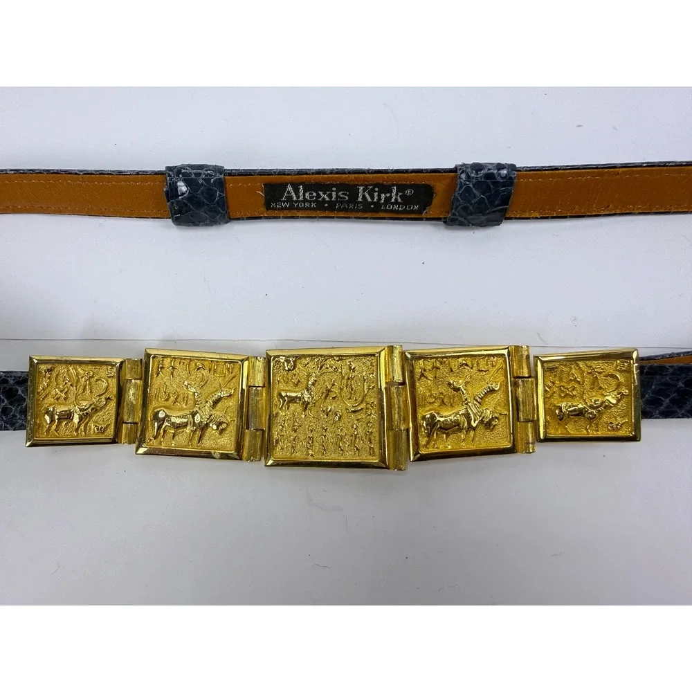 Alexis Kirk Vintage 90's Blue Snakeskin Leather Belt Egyptian Link Adjustable